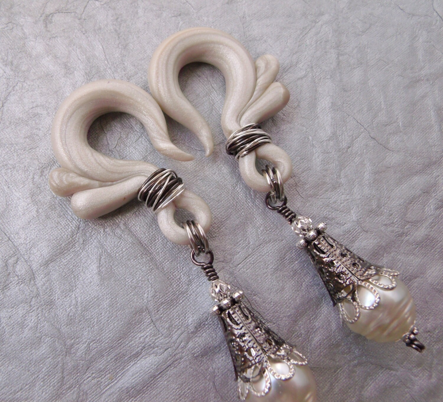 Wire Wrapped Pearl Gauged Earrings