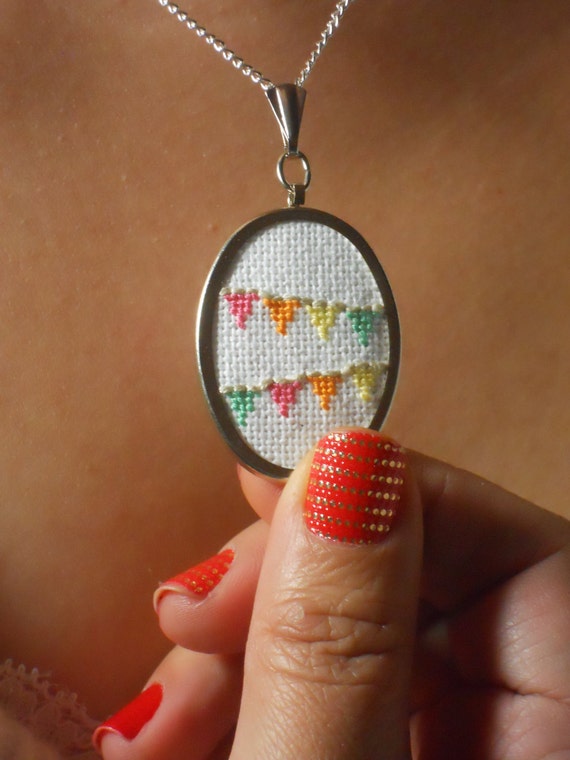 Flag Bunting Necklace to Celebrate Everyday - Cross-Stitch Pendant - MADE TO ORDER