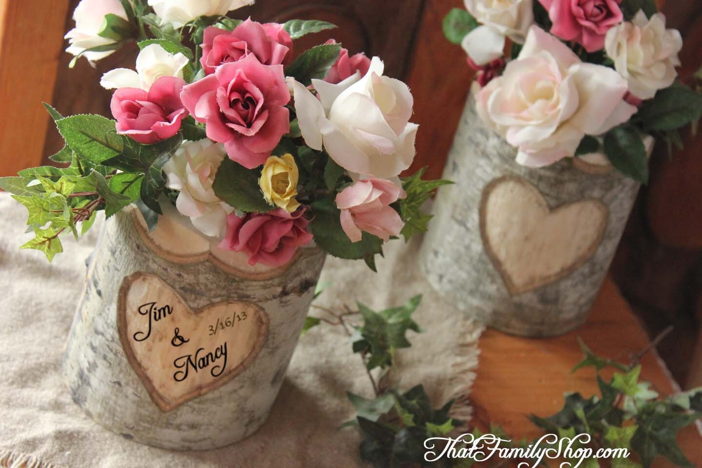 Rustic Wedding Log Flower Pot Vase with Names Date Initials