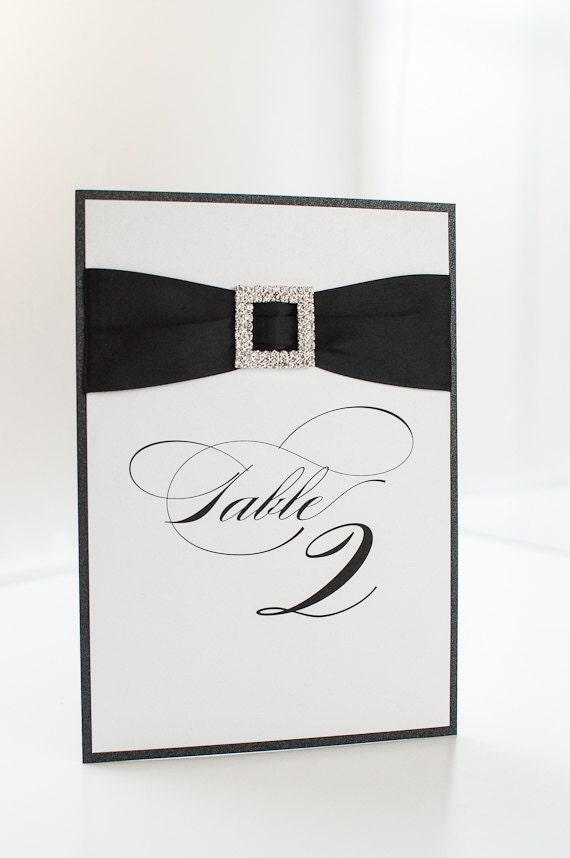 Bling & Satin Wedding Table Number Signs in Luxe Black and White