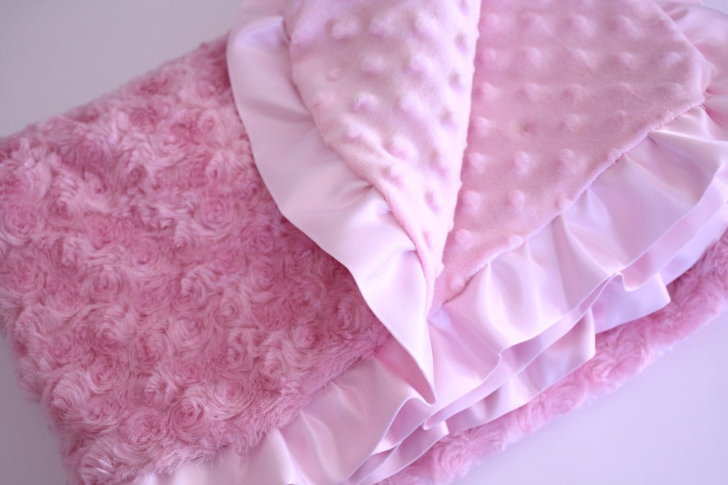 Double Sided Pink Minky Baby Blanket with Satin Ruffle Edge