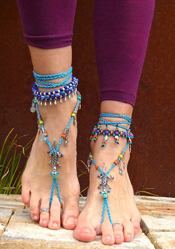 GECKO Lizard BAREFOOT SANDALS Blue Crochet Sandals Anklets silver ...