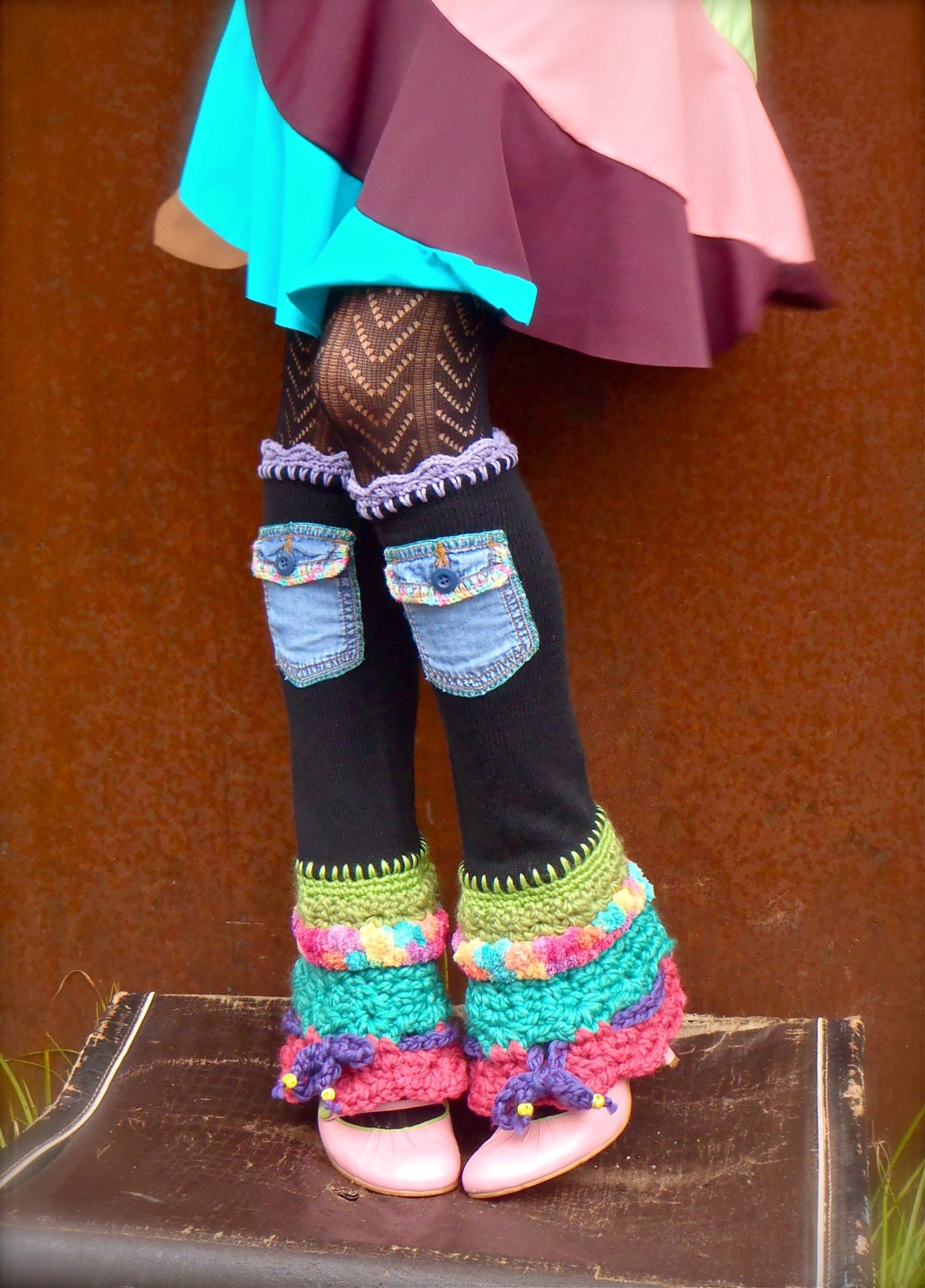 Black HIPPIE LEG Warmers Colorful leg warmers Flared leg