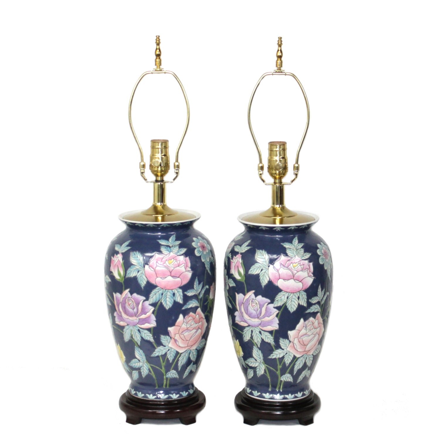 Pair Vintage Chinoiserie Lamps . HandPainted Porcelain