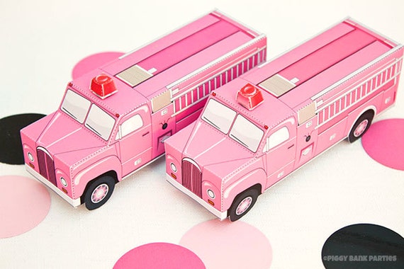Vintage Fire Truck Favor Box - Pink : DIY Printable Firetruck Gift Box | Fireman Birthday | Rescue | Firefighter - Instant Download Il_570xn