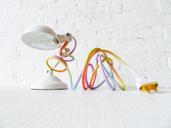 Vintage Industrial Lamp Lighting - White Sconce Clip Clamp Light w/ Pastel Ombre Rainbow Color Cord