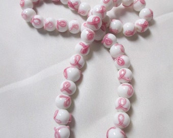 BREAST CANCER AWARENESS Beads Pink Ribbon - 43 White Round Glass 10mm