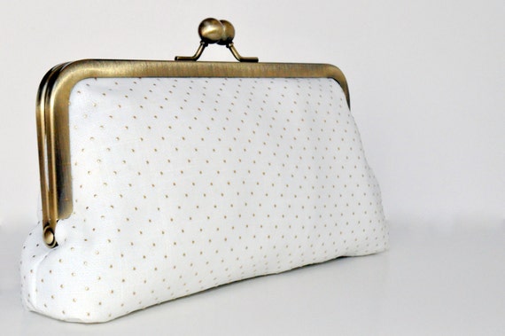 gold pin dot clutch collection : bridal clutch, bridesmaid gift, evening bag, ivory, dusty rose and gray with metallic gold pin dots