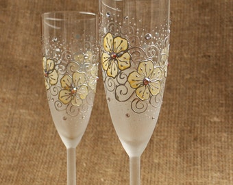 Hand Painted Champagne Wine Glasses Flutes Vanilla and White Floral Design Swarovski Crystals Set of 2