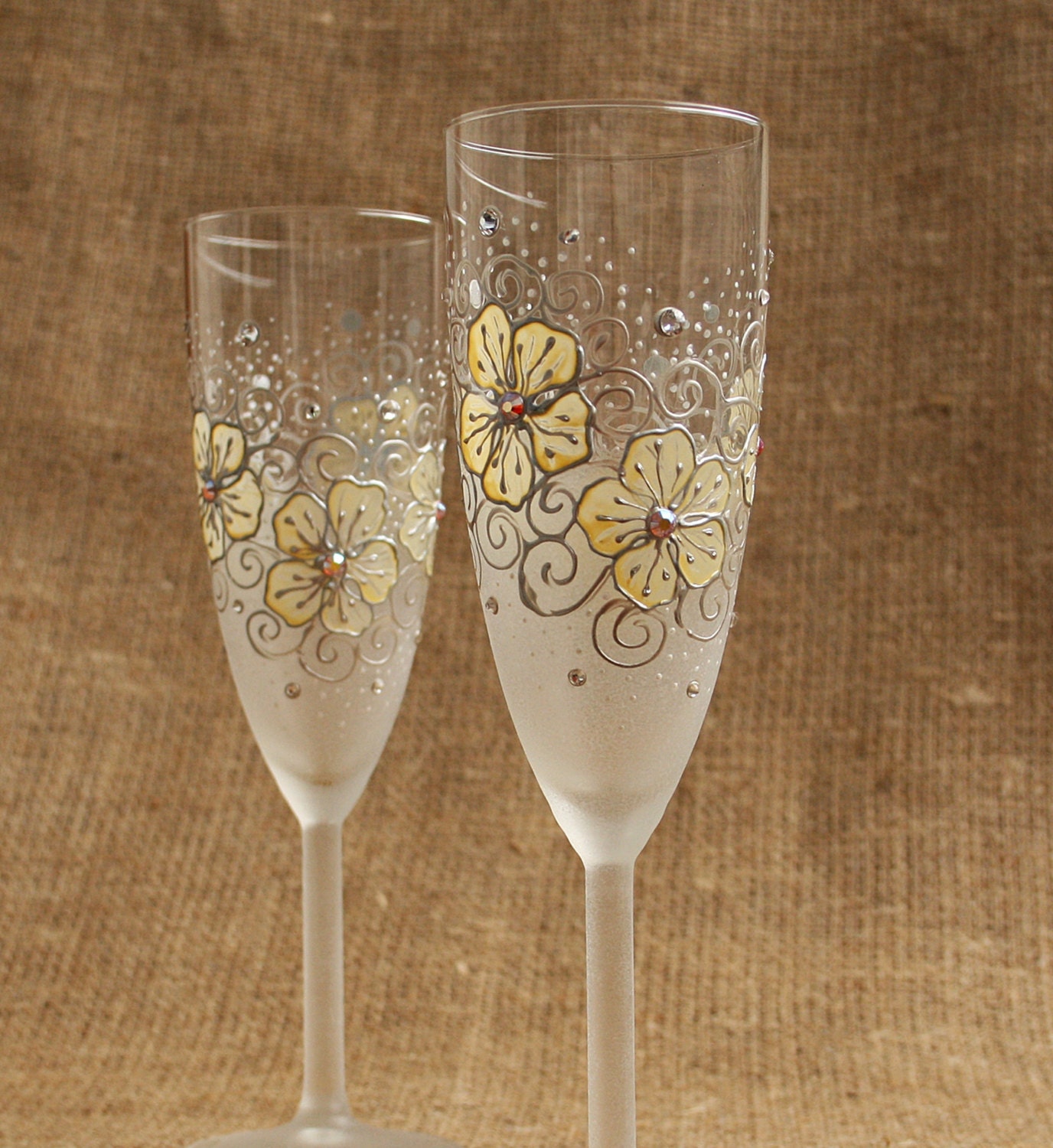 Hand Painted Champagne Wine Glasses Flutes Vanilla and White