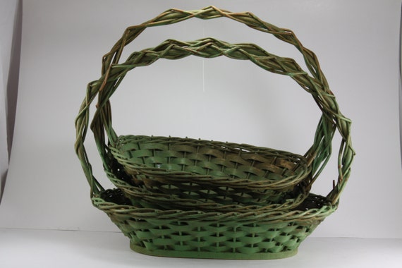 Vintage Wicker Baskets Gathering Baskets Green Set of 3