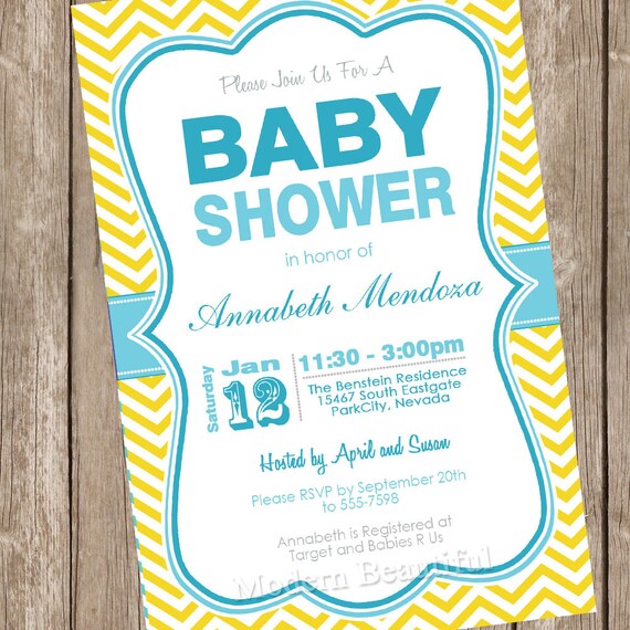 Boy Baby Shower Invitation Yellow and Aqua Chevron printable invitation 121202-K1-1C Il_570xn