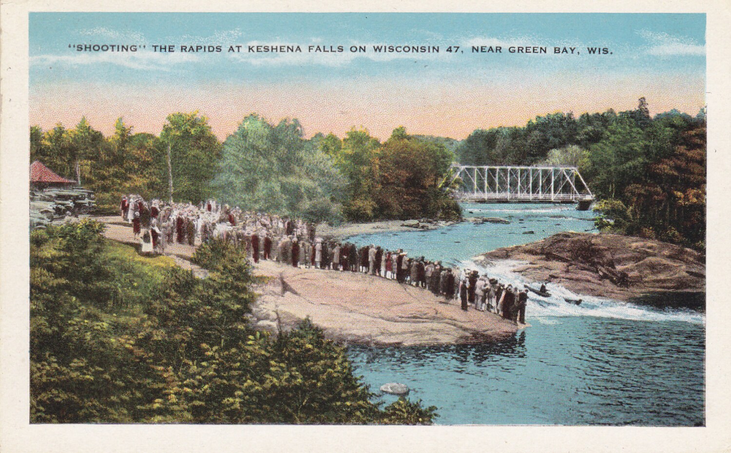 Shooting the Rapids at Keshena Falls 1930s Vintage Postcard