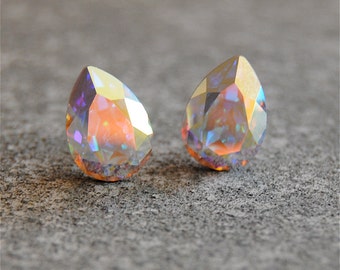 Aurora Borealis Earrings Swarovski Crystal Northern Lights Stud Earrings Small Duchess Pear Mashugana