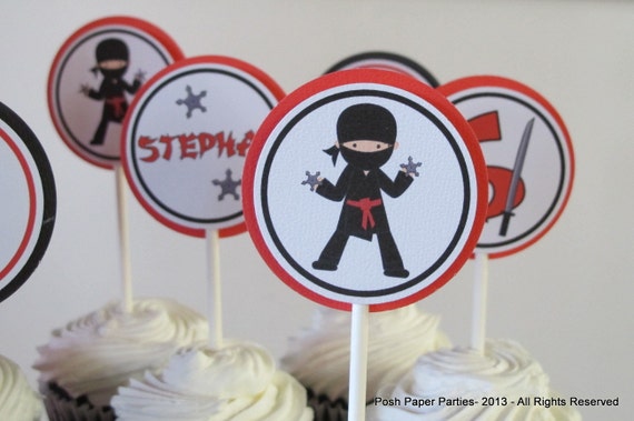 Ninja Birthday Party Cupcake Toppers - Red-Black-White - Boys Ninja Party Il_570xn