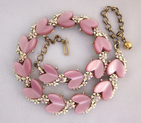 1950s BSK Rhinestone Necklace Pink Heart Vintage Flower