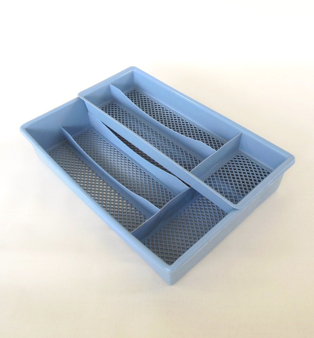 Plastic Silverware Tray Flatware Organizer 2 Tier 80s Blue