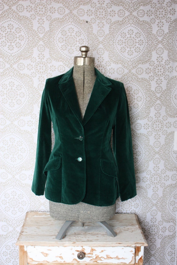 winter best riding for jacket M/L Velvet Koret Blazer 1970s Dark Jacket Riding 80's Vintage Green