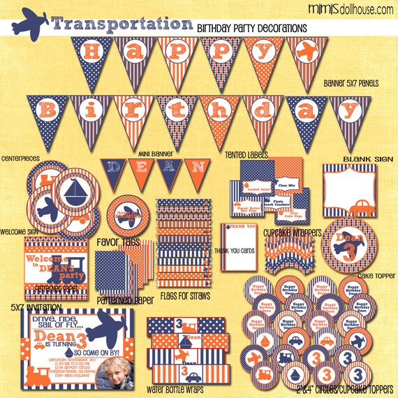 Transportation Party Decorations- Printable Transportation Birthday Party Decorations- Car, Plane, Boat, Train Party PDF Il_570xn