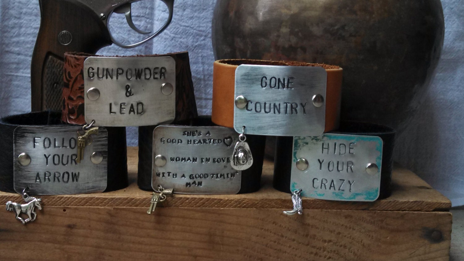 Hand Stamped Metal and Leather Cuff Bracelet And Charm.