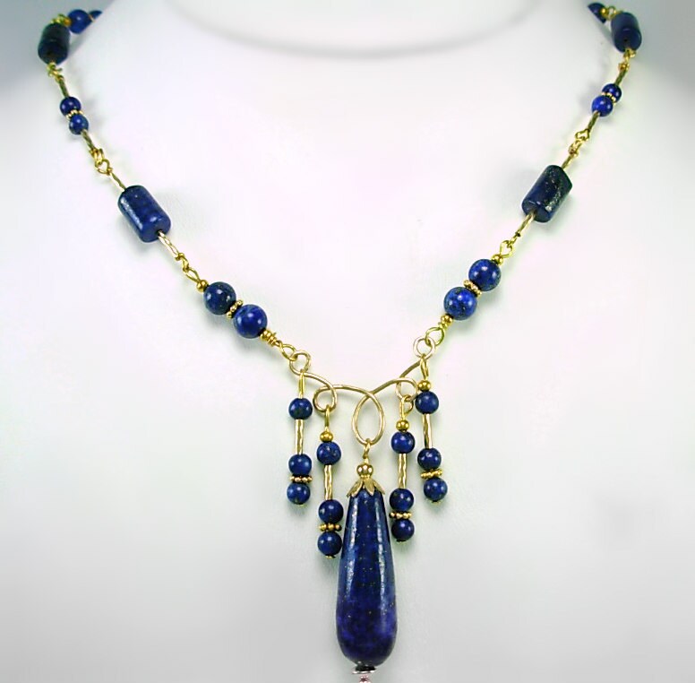 Blue Lapis & Gold Fill Necklace Artisan Design Elegant