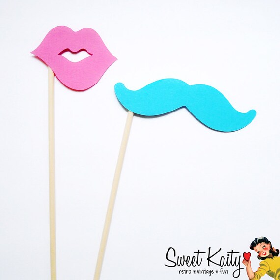 12 Mustache and Lips on a Stick Photo Booth Prop Set - Blue Mustaches and Pink Lips - READY TO SHIP Il_570xn