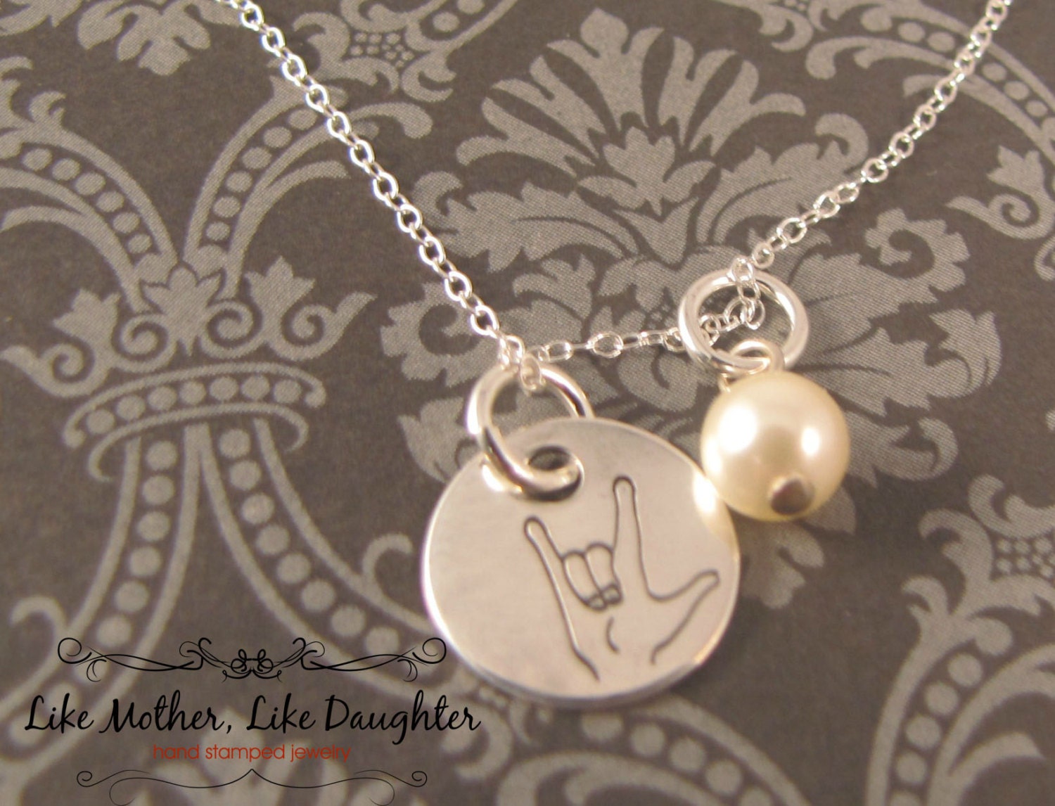 Hand Stamped I love you ASL Sign Language Sterling Silver Necklace hand stamped with pearl drop