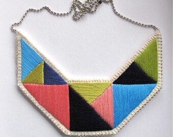 Statement bib necklace hand embroidered in lime green blues and pinks hand embroidered geometric design