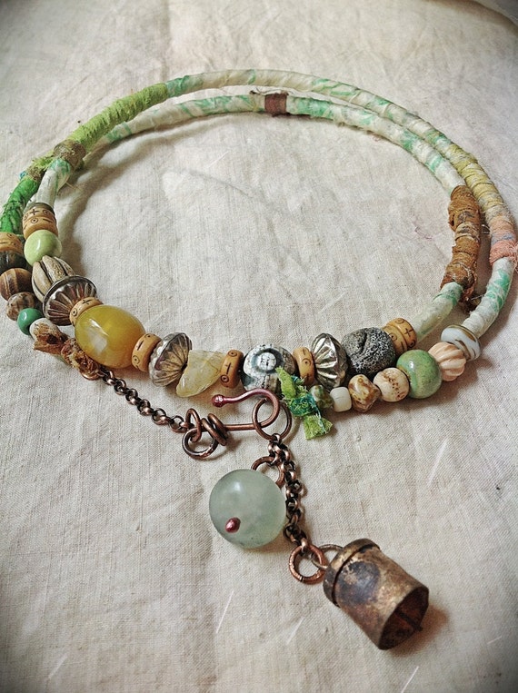 Indian bell and jade charm necklace choker silk wrapped and