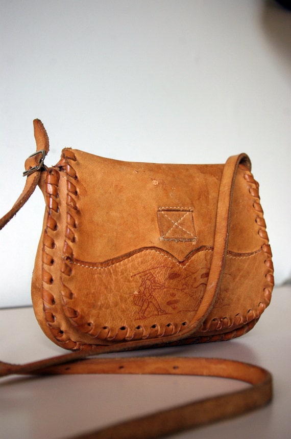 Vintage handmade 70s hippie style tiny leather crossbody bag