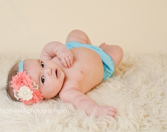 Vintage Coral and Turquoise Chiffon Flower headbands, baby flower headbands, chiffon headbands, newborn headbands, photography prop