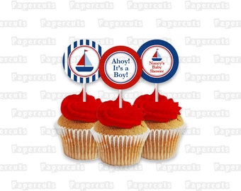  Sailboat Nautical Theme Personalized Boy Baby Shower Cupcake Toppers