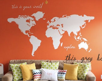 Map Of The World Decal Kids Large World Map Wall Decal - "this is your world - explore" - 7 ft wide decal - nursery decor - apartment therapy nursery Kyler's playroom