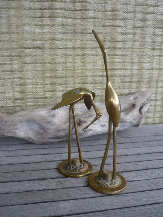 Vintage Brass Crane Pair Sculpture Mid Century Modern Home