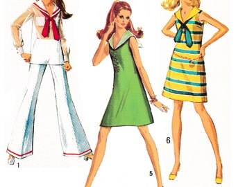 1969 Laced Front Detail Sailor Collar Mini Dress, Sailor Top, Wide Bell Bottom Pants, Top Shown in Sheers, Simplicity 8205, Bust 32 1/2"