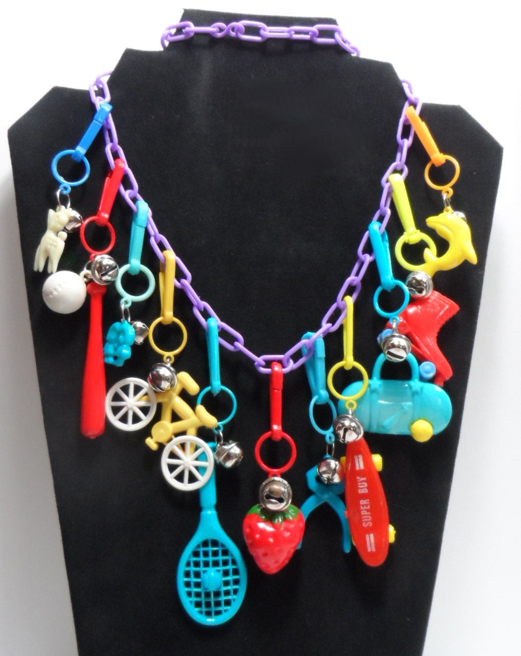 80s Plastic Charms with Bells Purple Chain Necklace