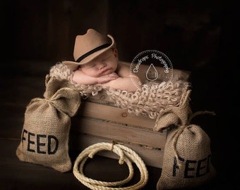 newborn country western props cowboy sacks baby lasso burlap feed farm prop boy paper shoot children birdcage french cute inspiration