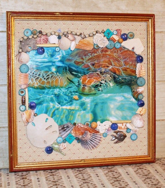 Items similar to Caribbean Sea Turtle Mixed Media Framed Art