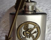 Mockingjay flask, mini key chain flask with mockingjay and bronze arrow on key chain