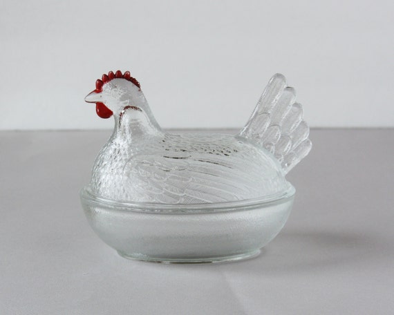 Clear Glass Hen on Nest Covered Dish Indiana by YELLandPANIC