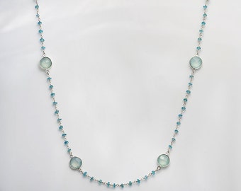 Aqua Chalcedony necklace, long necklace, bezel necklace, apatite wire wrapped necklace, custom necklace, gemstone necklace, station necklace