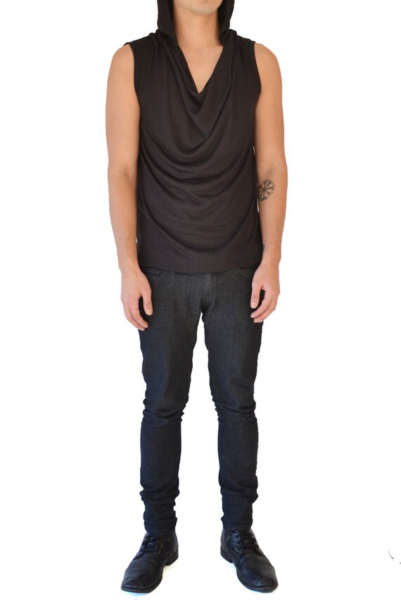 Draped Neck Sleeveless Hoodie Black