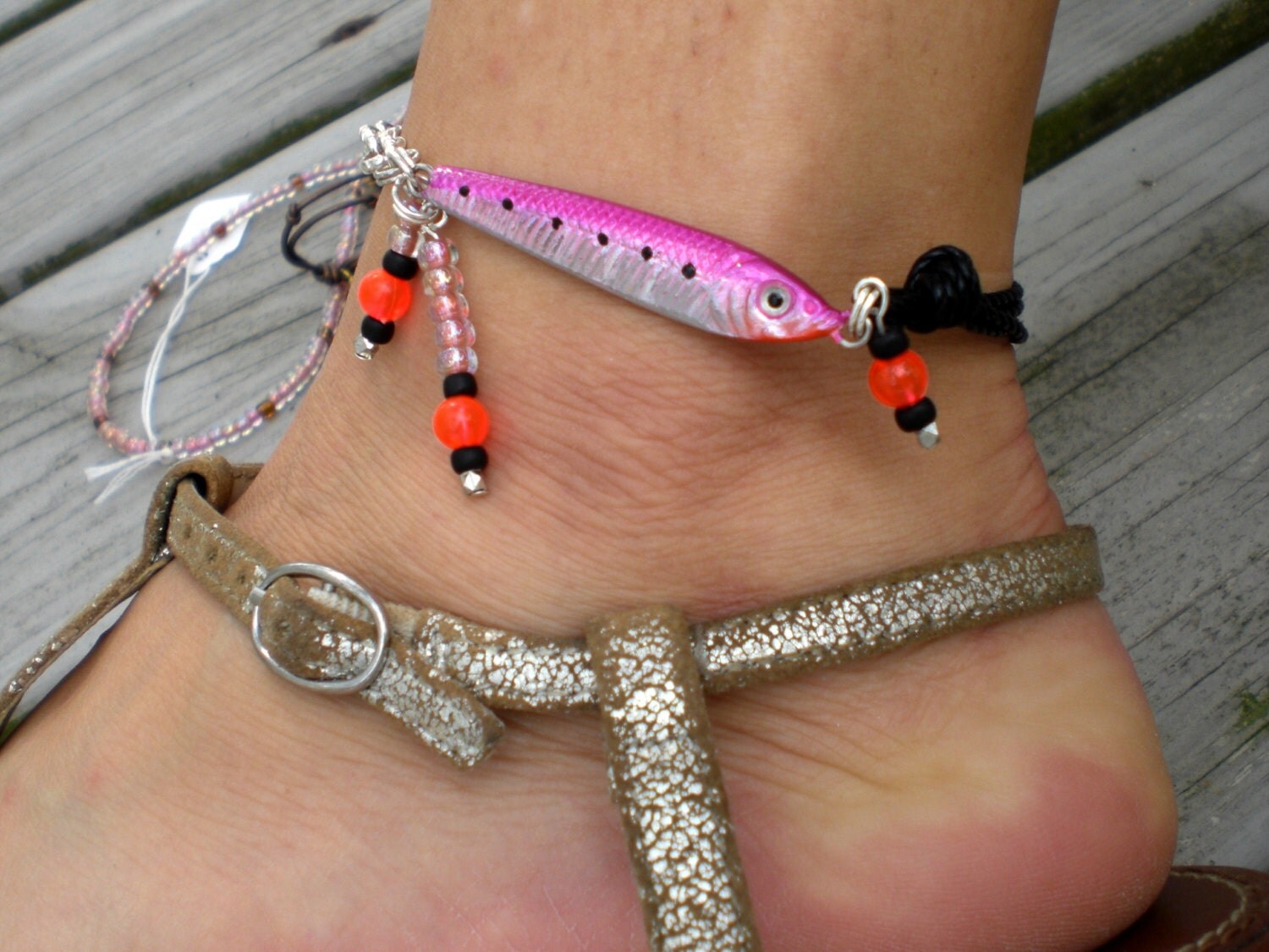 Hot pink fishing lure anklet with black cord by MermaidsBejeweled