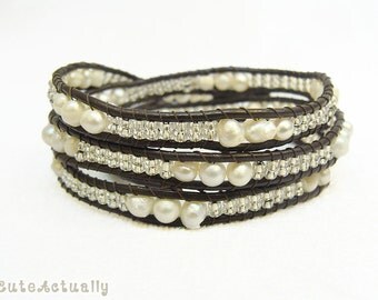 White freshwater pearl wrap bracelet with glass beads on brown leather cord