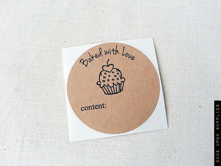 cupcake baked with love round labels kraft brown baking