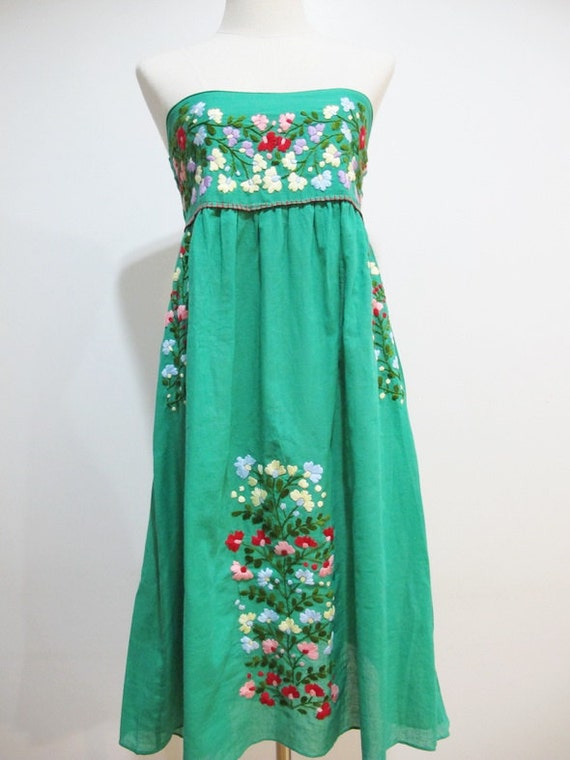 Embroidered Mexican Sundress Cotton Strapless Dress In Green