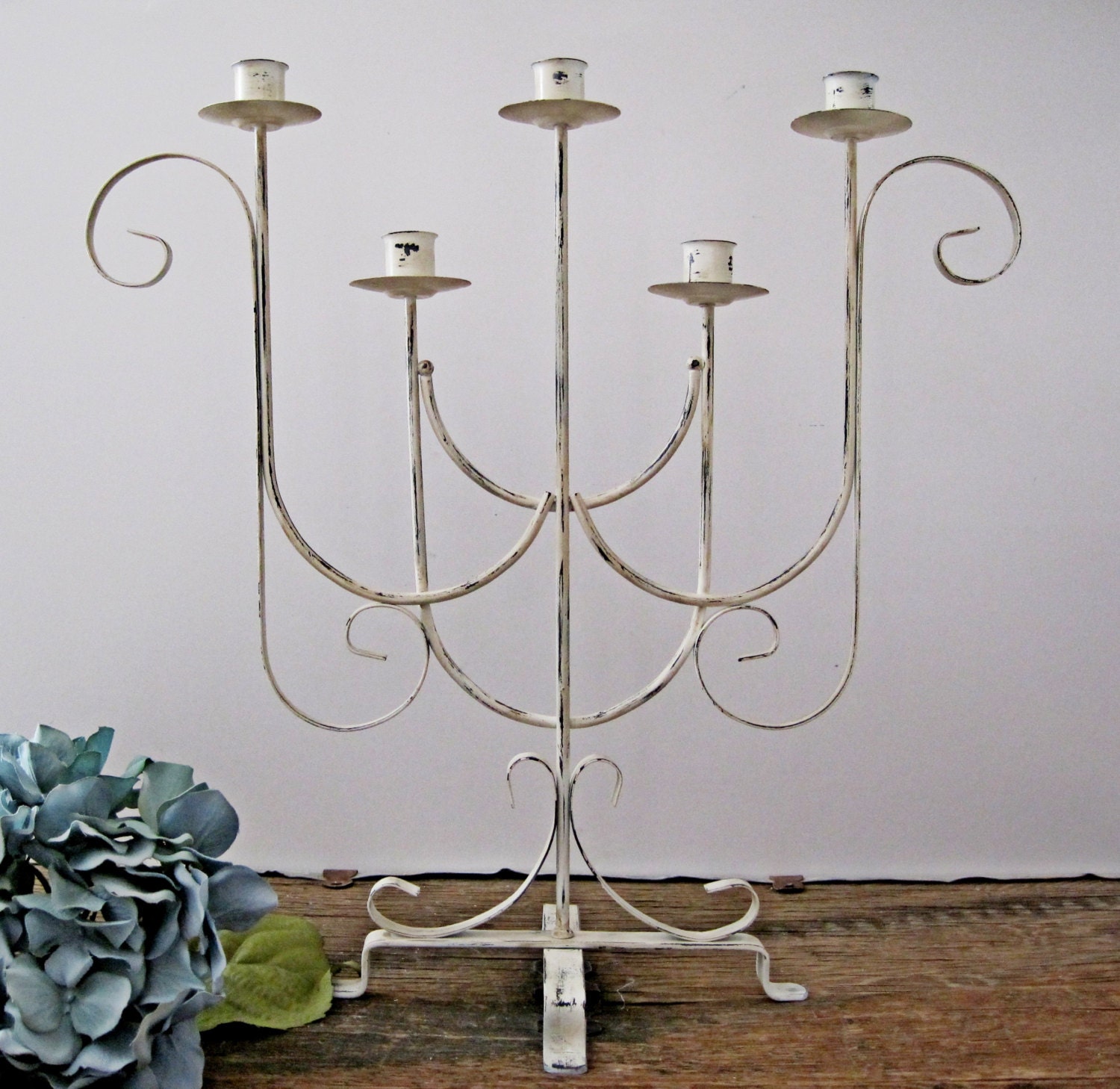 Wrought Iron Candelabra Candle Holder Farmhouse Antique White