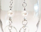 Wedding Dangle Earrings White Swarovski Crystal Pearls and Silver Rings