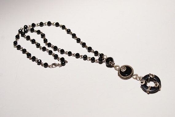 Onyx Necklace-Long Black Necklace-Semiprecious jewelry-wire wrapped jewelry handmade- Jewelry--Metal Work
