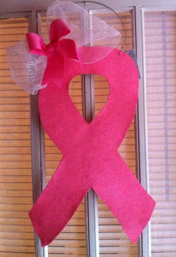 Burlap Pink Breast Cancer Ribbon door hanger